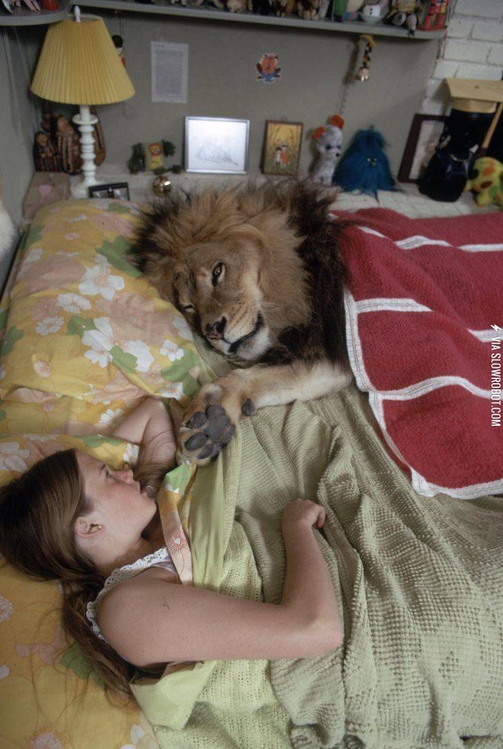 Melanie+Griffith+sleeping+with+her+pet+lion+Neil.