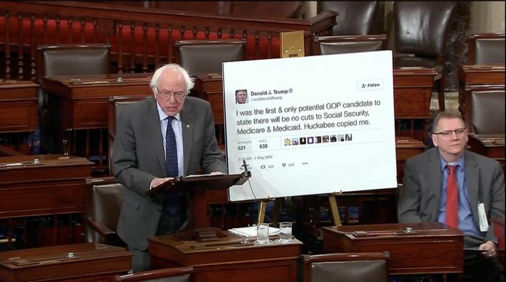 Senator+Bernie+Sanders+printed+out+a+gigantic+Trump+tweet+and+brought+it+to+congress