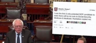 Senator+Bernie+Sanders+printed+out+a+gigantic+Trump+tweet+and+brought+it+to+congress