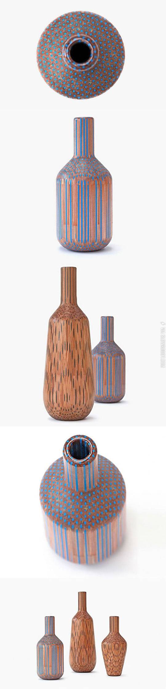 These+vases+are+made+from+pencils+glued+together.
