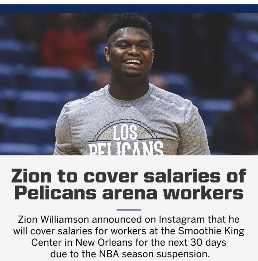 Zion+Williamson+%2819%29+will+cover+salaries+of+Pelican+workers+for+the+next+30+days.