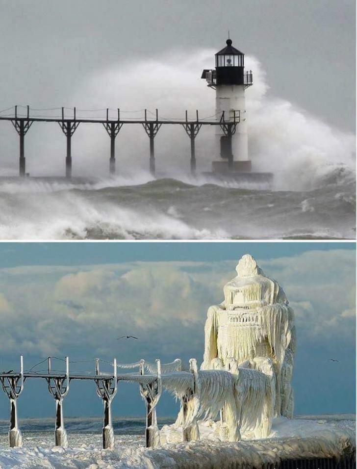 A+lighthouse+in+Michigan%2C+before+and+after+major+ice+storm