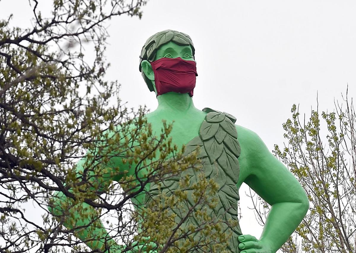Someone+put+a+mask+on+the+Jolly+Green+Giant+statue+in+Blue+Earth+Minnesota.