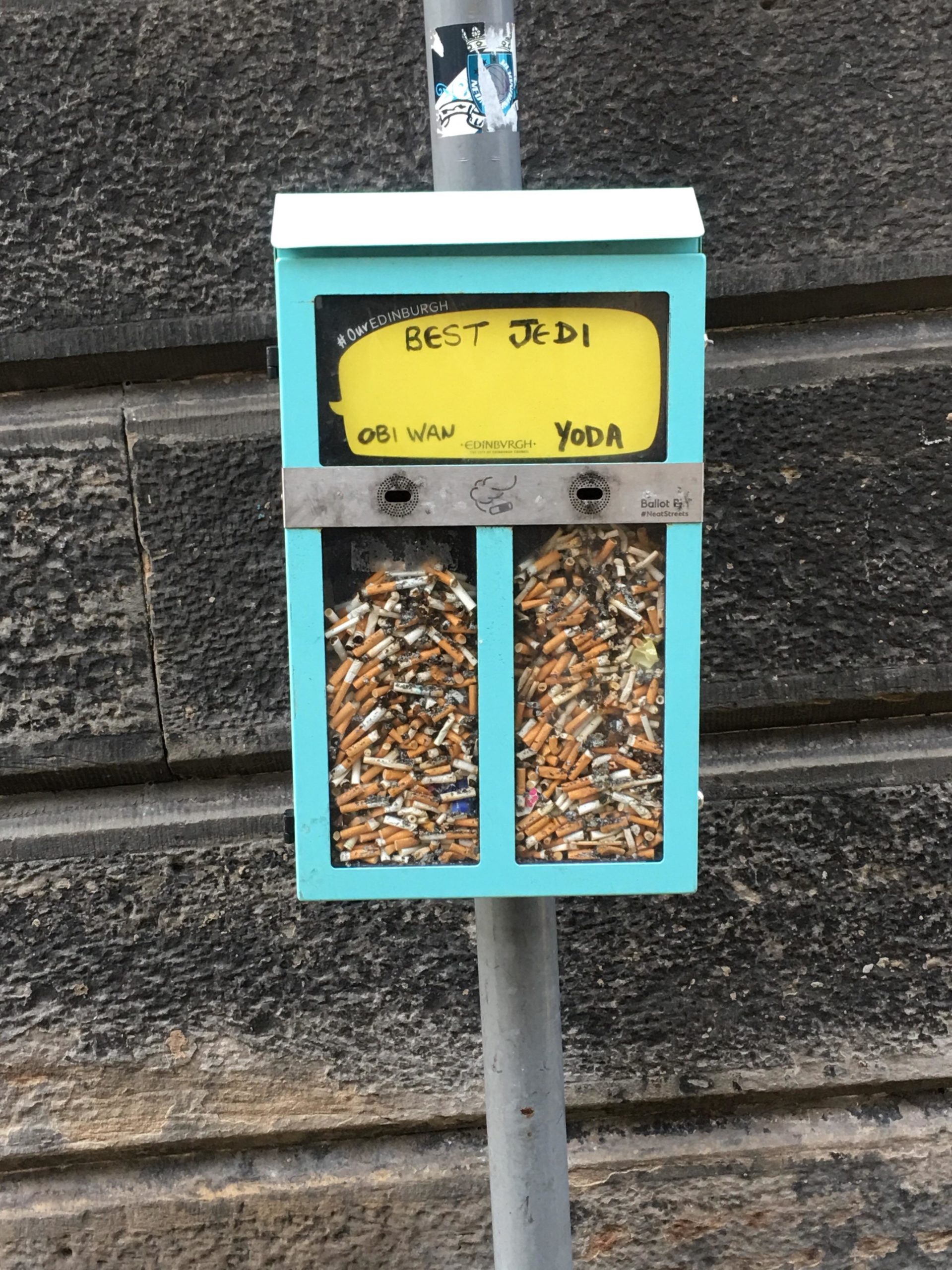 The+city+of+Edinburgh+has+a+trash+bin+for+cigarettes+that+votes+on+the+best+Jedi.